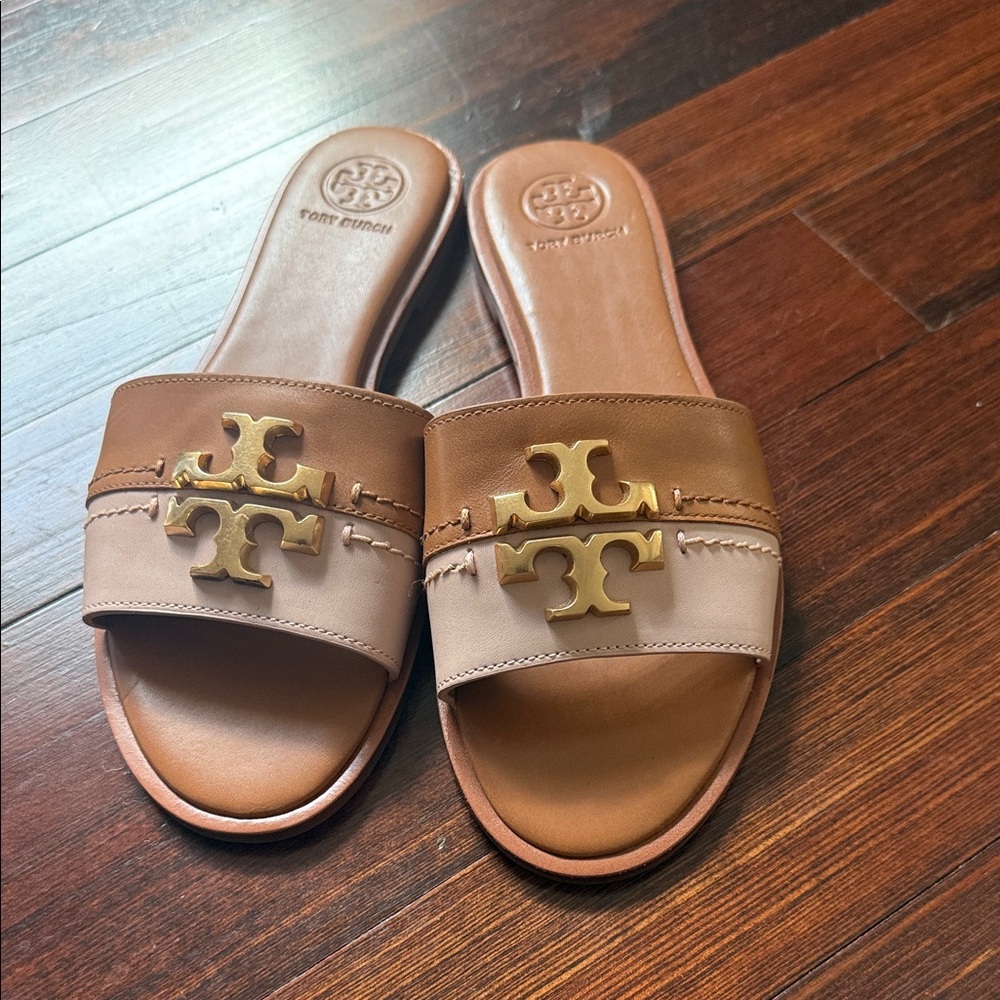 Tory Burch Tan and Brown Slide Sandals